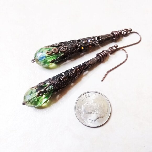Extra Long! Fall!!! Extra Gorgeous! Copper Filigree & Green Glass Danglers! - Picture 3 of 7